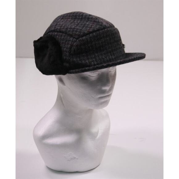 Mistral Made in France Gray Check Wool Hat w/ Fur Ear Flaps 59 cm - 7 3/8 New! - Picture 2 of 10